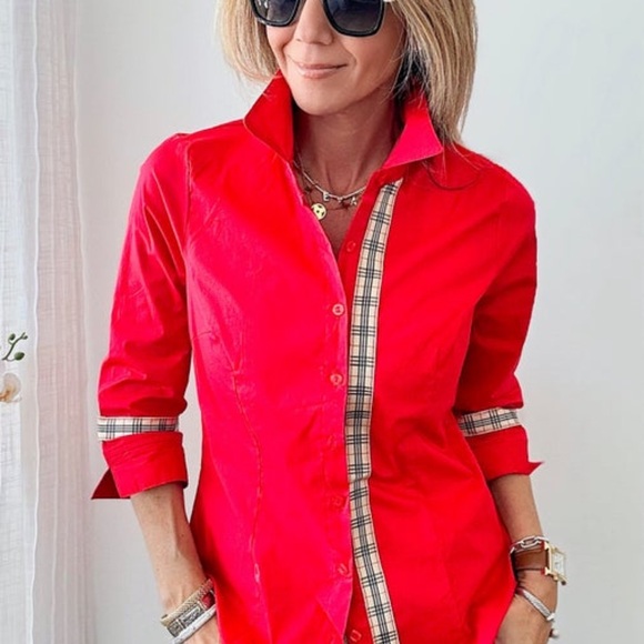 NWT, Red Button Down Blouse featuring custom trim, size L - Picture 2 of 4